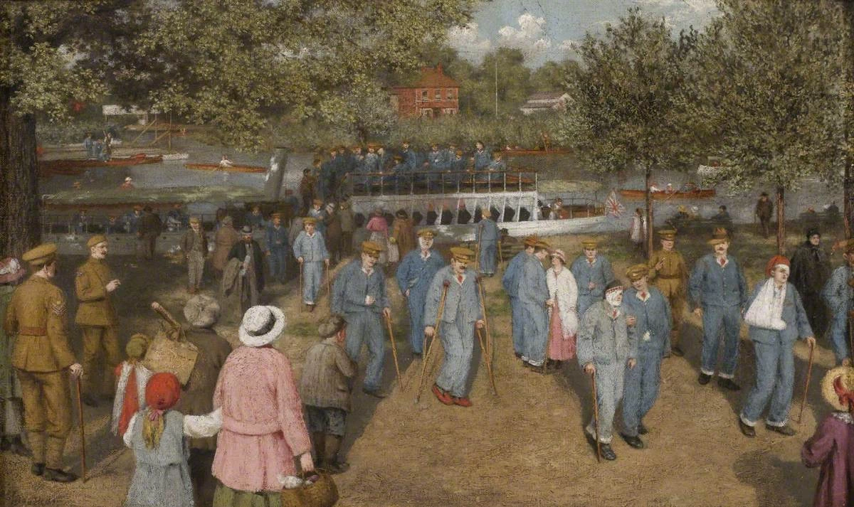Ethel Walker - 113, Soldati convalescenti in arrivo in barca sul Tamigi, diretti all'ospedale di Cliveden, Berkshire, National Army Museum